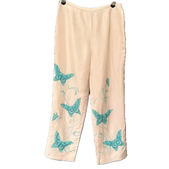 Vintage Silk Cream Teal Embroidered Butterfly Pants Yves Cossette Depeche Mode - Picture 2 of 12